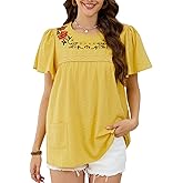 Womens Summer Cotton Floral Embroidered Tops Crewneck Short Sleeve Shirts Casual Blouses Boho Clothing Trendy 2025