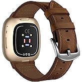 Leather Bands Compatible with Fitbit Versa 4/Versa 3/Sense 2/Sense, Classic Genuine Leather Replacement Wristbands Straps for Women Men
