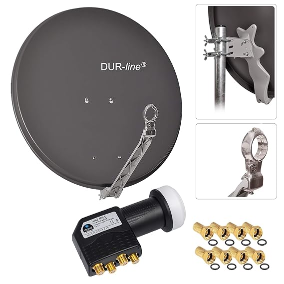 HB Digital 4 Teilnehmer SET - Dur-Line Select ALU SAT Anlage 75/80cm Spiegel Schüssel Anthrazit + Quad LNB Schwarz zum Empfan