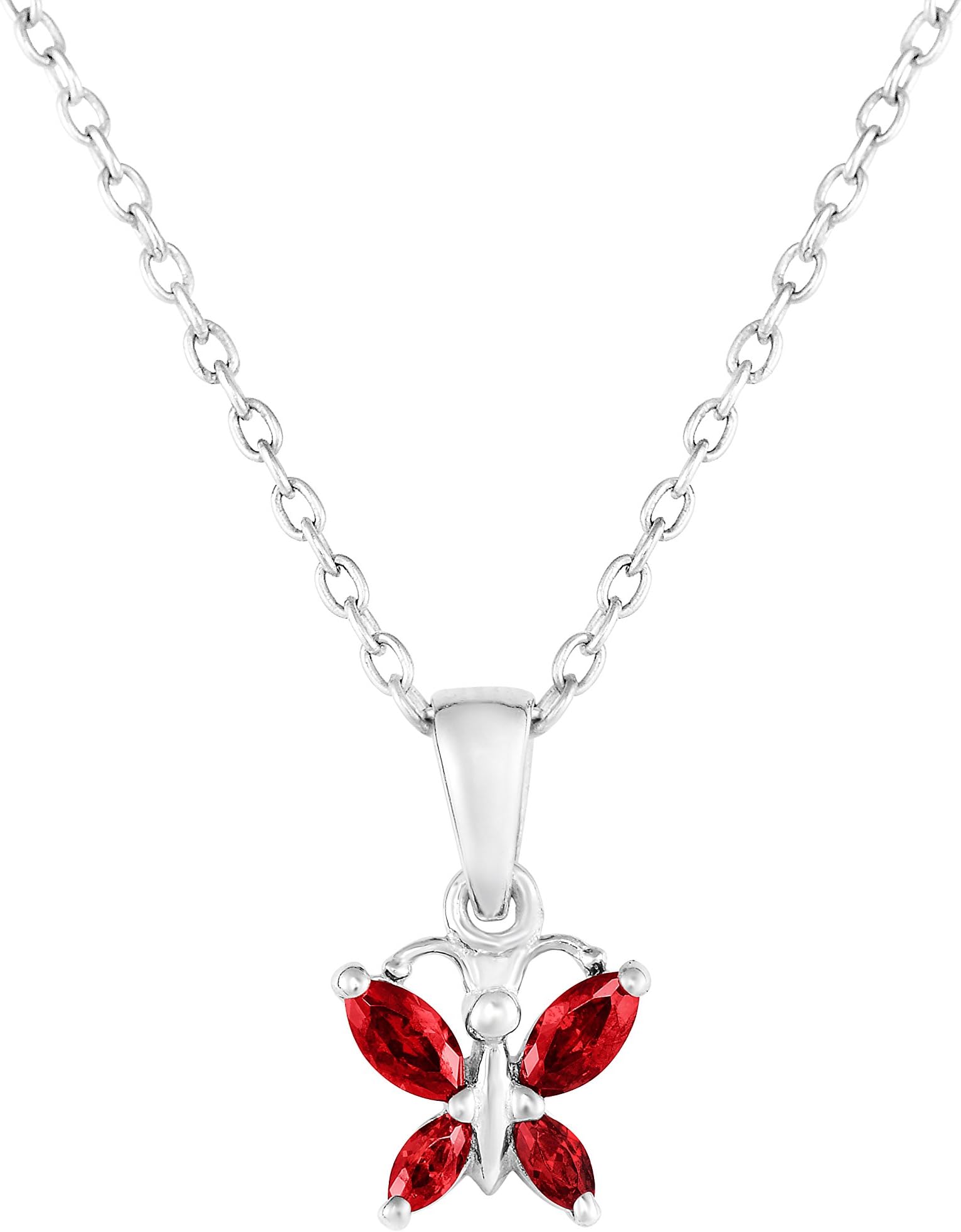 Tilo Jewelry Sterling Silver Butterfly Pendant Necklace with Simulated Birthstone CZ for Girls, 16''
