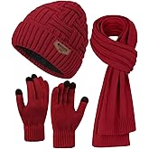 Mens Winter Hats Scarf for Men with Touchscreen Gloves Warm Long Scaves and Skull Caps Beanie Hat Gloves Set