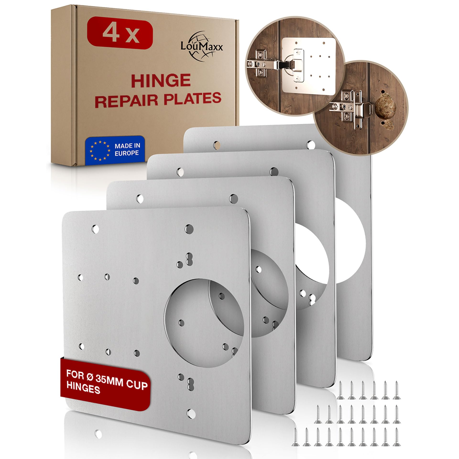 LouMaxx Hinge Repair Kit - Set of 4 Stainless Steel Hinge Repair Plates with Screws - Universal Repair Plate for Hinges for Loose Diameter 35 mm Furniture Hinges of All Standard Brands