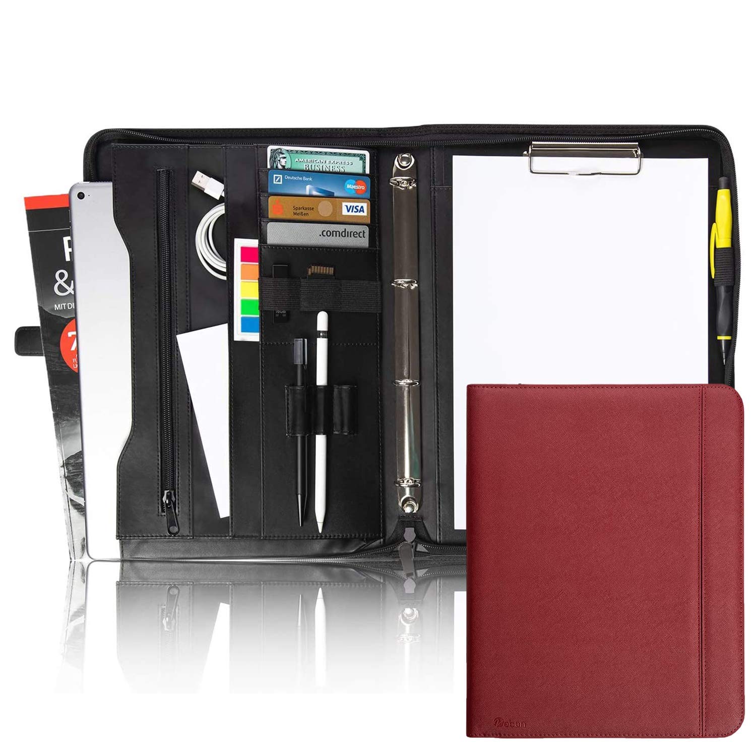 Vebon® Writing Case Ring Binder A4 "Berlin" I Zip + Clipboard I Conference Folder + Laptop Bag I Extra Storage Space I Black I Faux Leather, cherry red