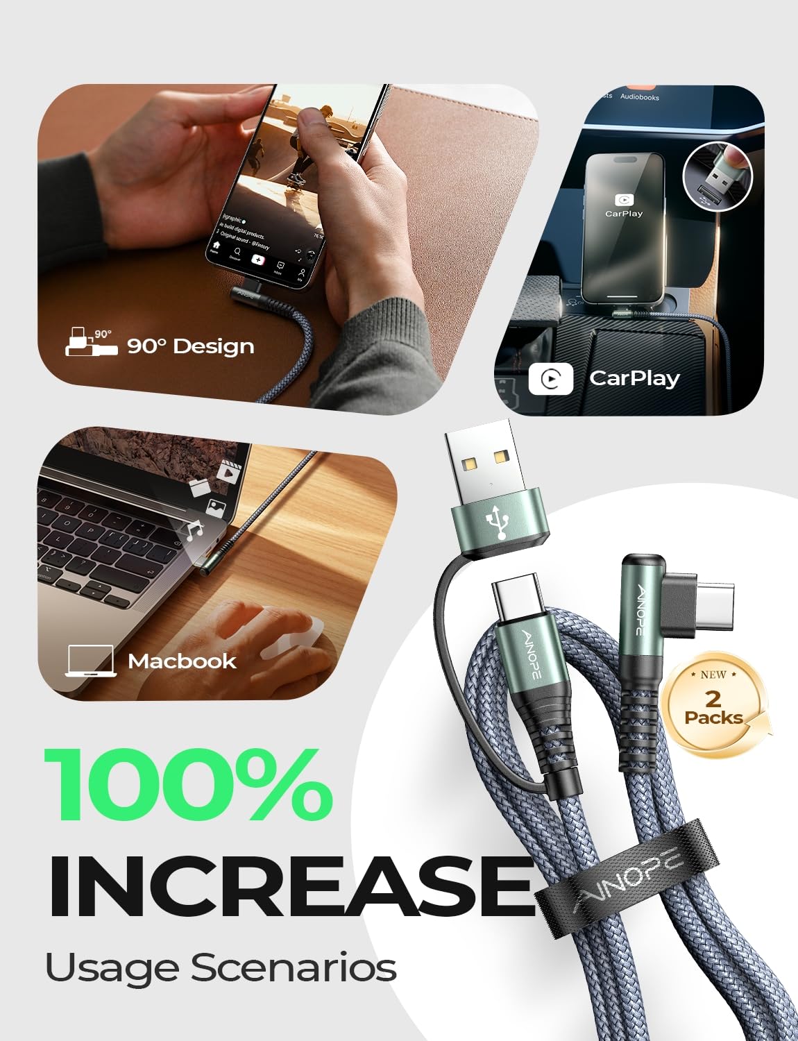 AINOPE for iPhone 17 Charger USB C Cale with USB to USB C Adapter,60W Type C Charger Fast Charging Cable for iPad 2-𝑷𝒂𝒄𝒌 6.6FT Right Angle Carplay Cable Fit iPhone 17 16 15 Air Pro Samsung
