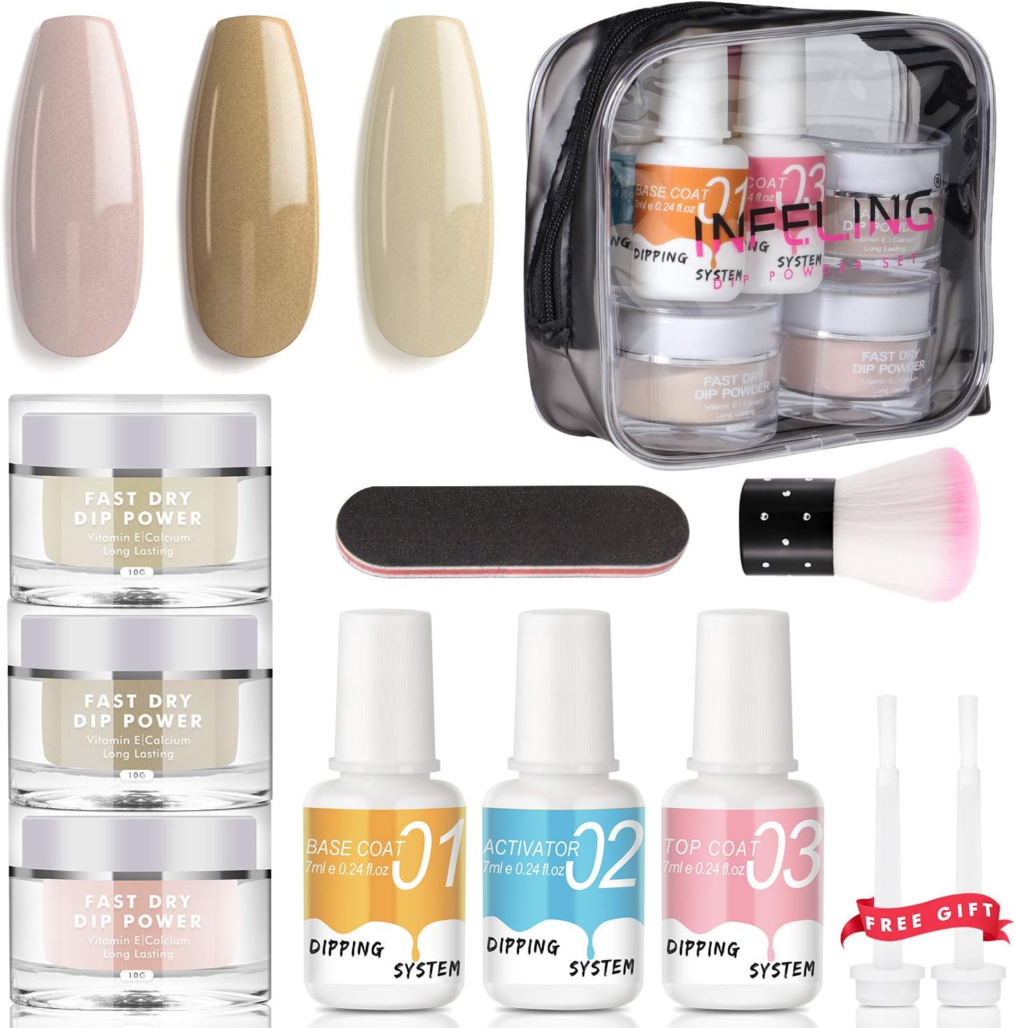 Nail Dipping Powder Kit - Dip Nail Powder System Starter Kit 3 Colors Dip Powder Nail Kit Acrylic Dip Powder Set INFELING French Nail Manicure Nail Art Set No UV/LED Lamp Needed with Bag