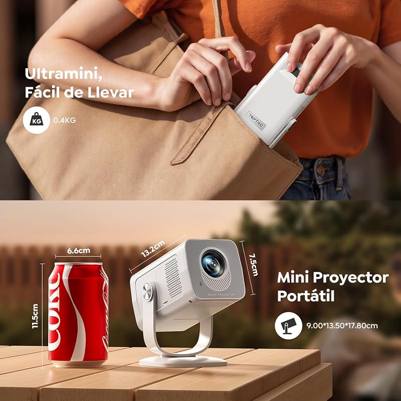 Proyector Portátil【Android 14.0 & App Integrada】 Proyector 4K/1080P Soporte Tiro Corto, Auto Keystone, WiFi 6 Bluetooth 5.4, TOPTRO MiniProyector Rotación 270° con Soporte Incluido para Cine en Casa