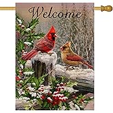 Selmad Home Decorative Merry Christmas Cardinal House Flag Welcome Winter Double Sided, Rustic Quote Red Birds Garden Yard Flag for Xmas, Outside New Year Holly Berry Vintage Outdoor Decorations 28x40