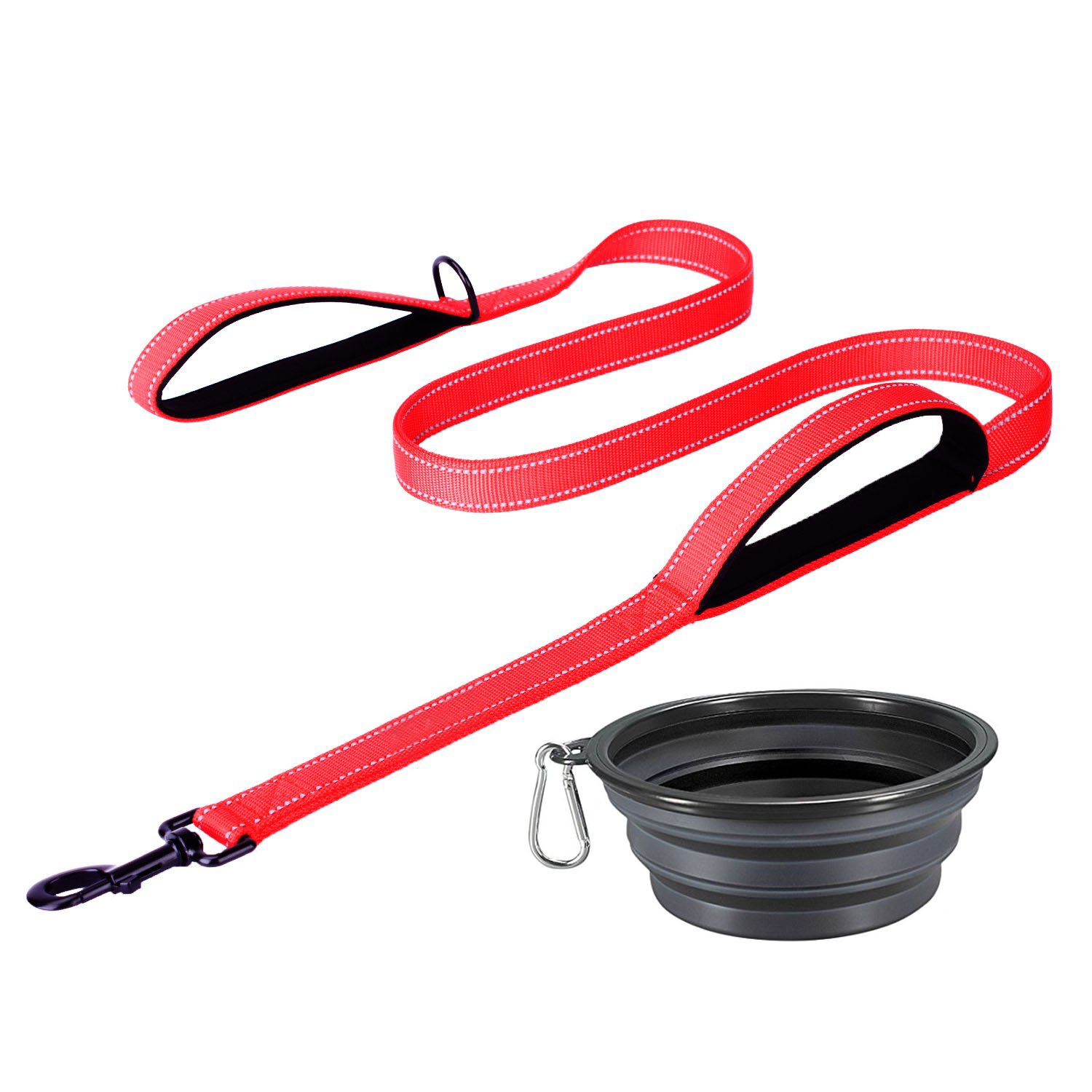 HooTech Dog Leash & Collapsible Pet Feeding Bowl,Dog Training Leash Reflective Durable Training Rope,Double Handle Lead for Control Safety Training,Perfect for Large/Medium Dog(150cm Long) (Red)