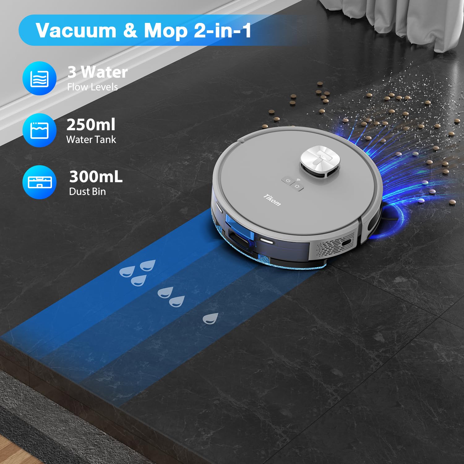Tikom Robot Vacuum and Mop with LiDAR Navigation L9000, 4000Pa Robotic Vacuum Cleaner, 150Min Max, Smart Mapping, Good for Pet Hair, Carpet, Hard Floor - Image 4