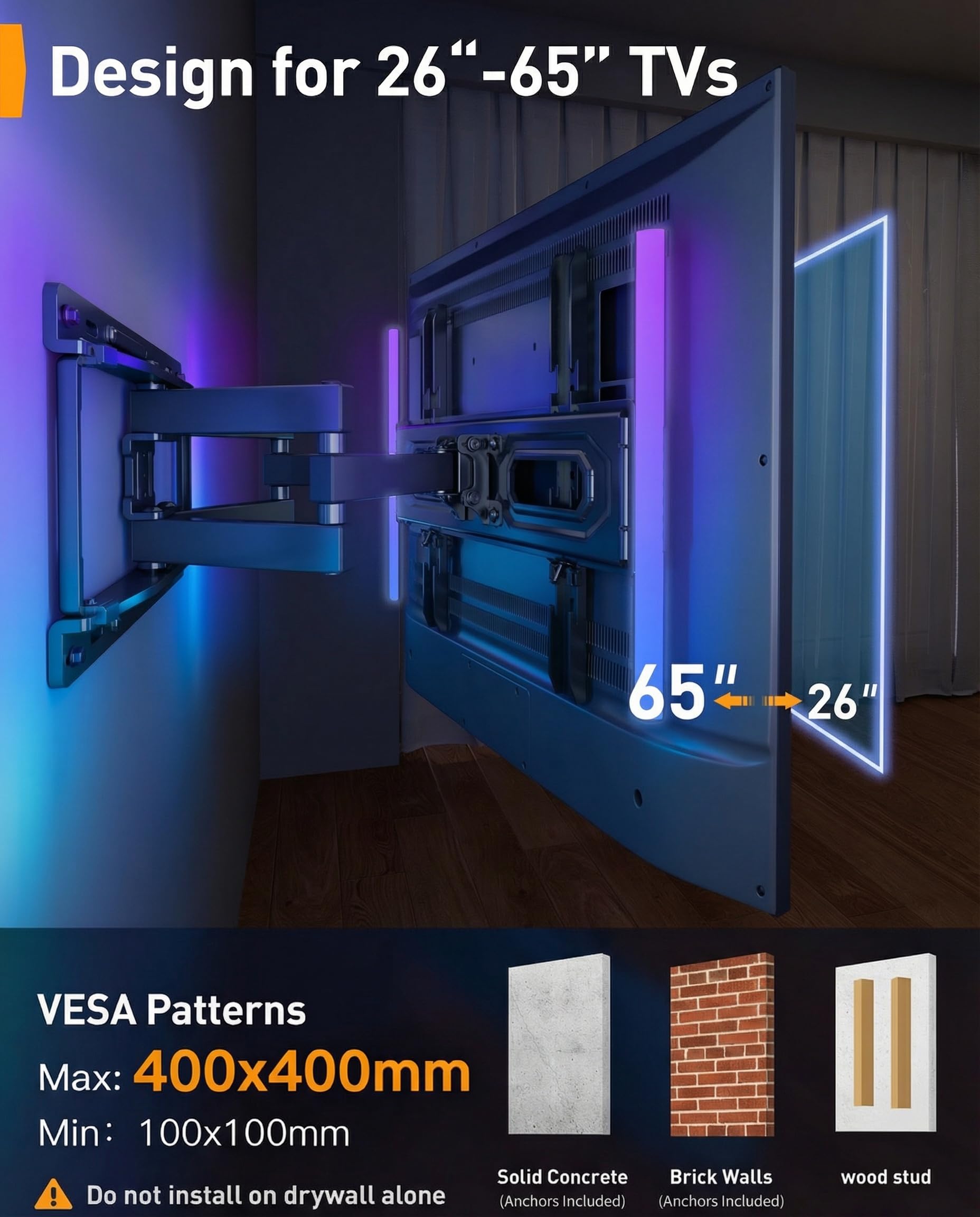 Perlegear TV Wandhalterung für 26-65 Zoll TVs bis 45 kg, LED-Hintergrundbeleuchtung mit Musik-Synchronisation, Max VESA 400x400mm mit Schwenk, Erweiterungs und Neigefunktion PGMF20 2