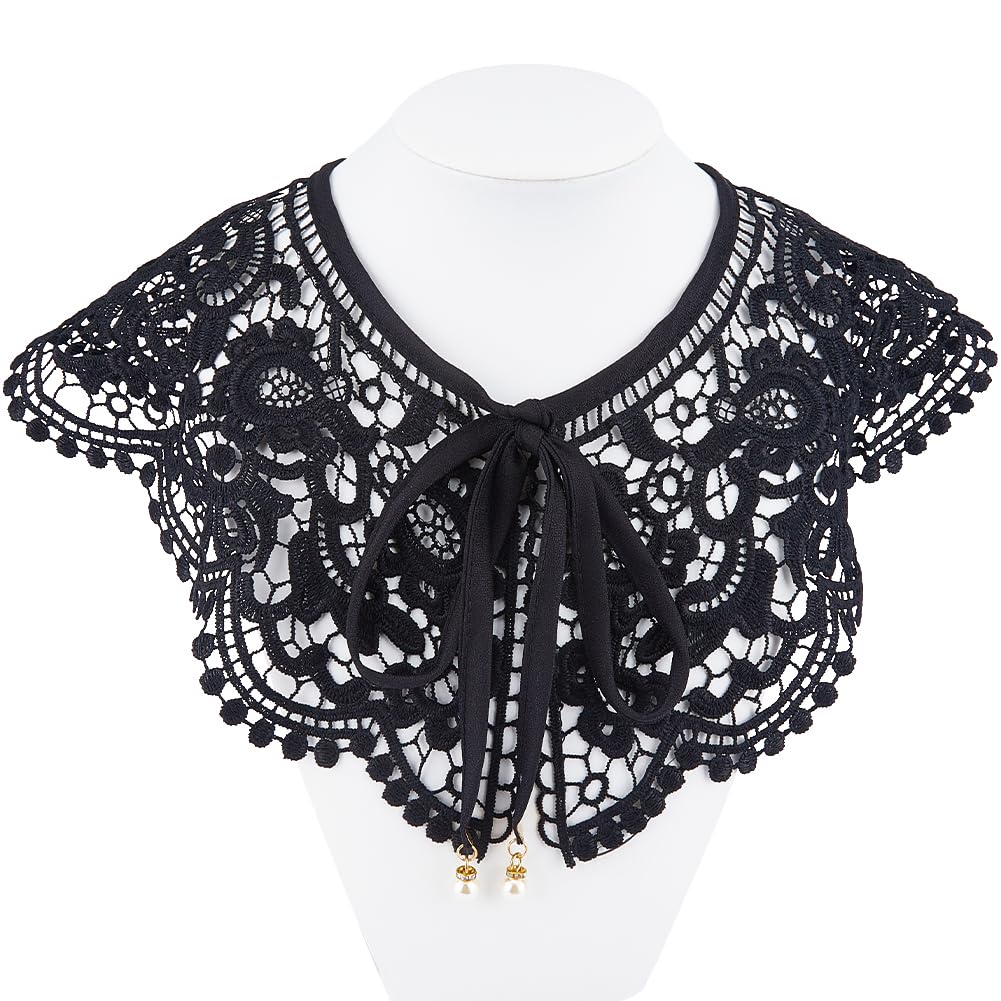 GORGECRAFT Black Lace Collar Detachable Embroidered Floral Lace Neckline Neck Collar Trim False Hollow Out Cape Dickey for Women Clothes Sewing Applique Edge DIY Costume Garment
