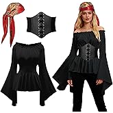 DARFULA 3 pcs Renaissance Shirt Womens Long Sleeve Victorian Ruffle Tops Pirate Corset Red Bandana Halloween Cosplay