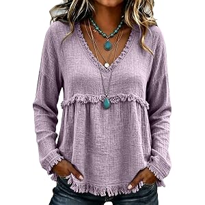 Women's Tunic Tops Lightweight Frayed Raw Trim V Neck Long Sleeve Vintage Tshirts Tassel Loose Fit Flowy Boho Tops