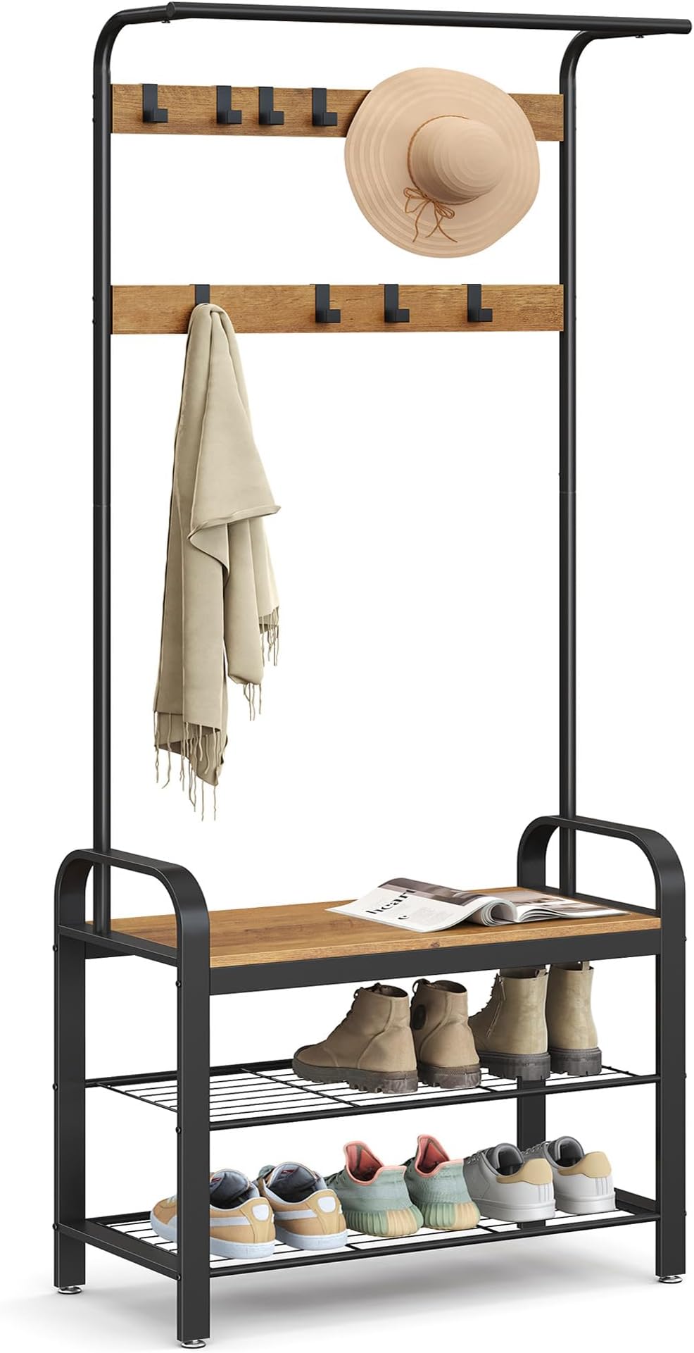 VASAGLE Coat Rack 4-in-1 with Shoe Storage Bench 9 Removable Hooks
