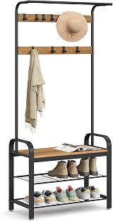 VASAGLE Coat Rack 4-in-1 with Shoe Storage Bench 9 Removable Hooks