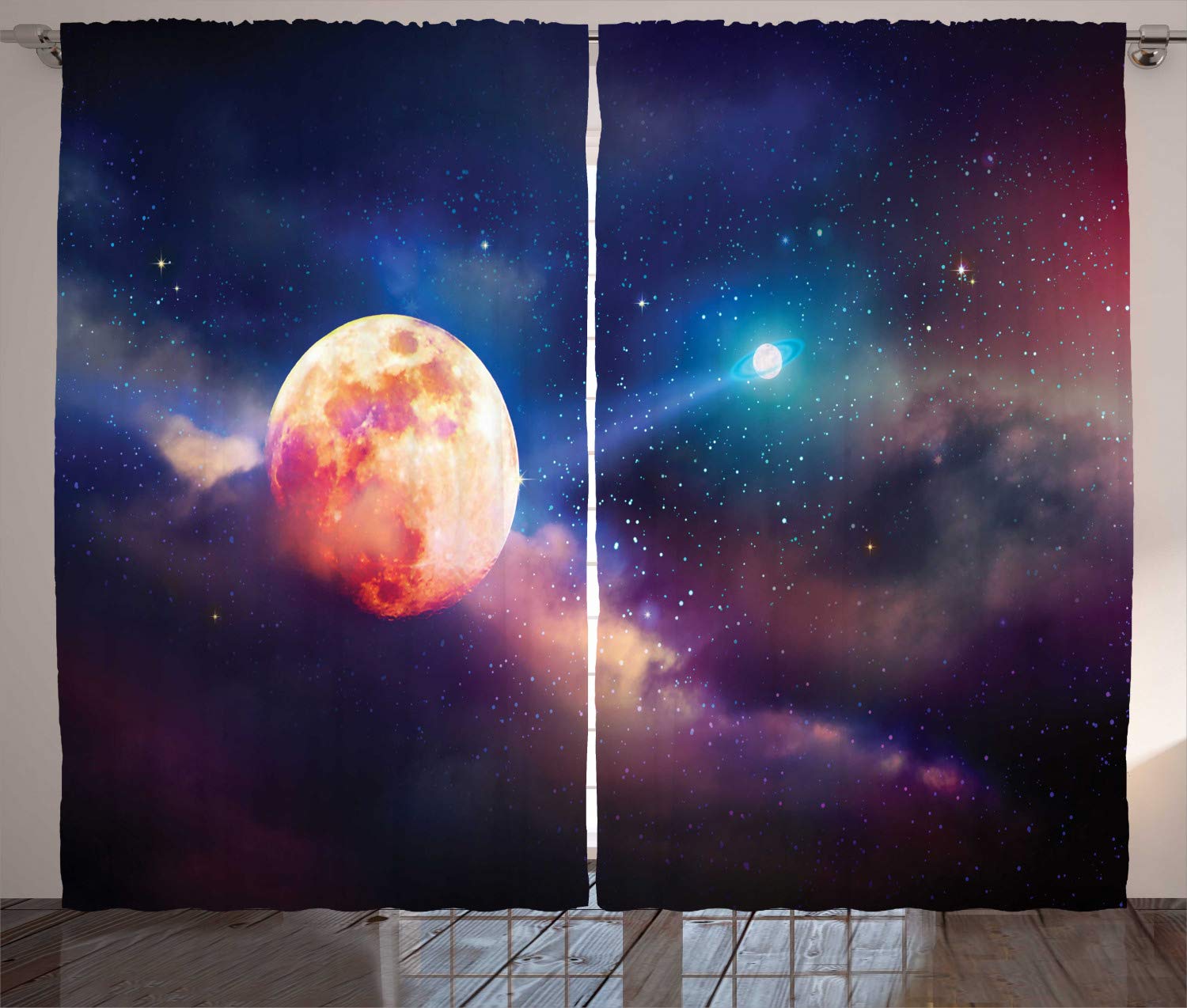 ABAKUHAUS Full Moon Curtains, Outer Space Art Cosmic Scene with Planets and Stars Color Transitions in the Sky, Living Room Bedroom Window Drapes 2 Panel Set, 280 x 245 cm, Purple Quartz — image 1