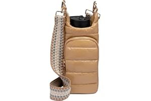 WanderFull Crossbody HydroBag | Quilted Water Bottle Carrier & Strap | Stylish Puffer Tote for Water Bottle | Camel Glossy & Patterned Strap