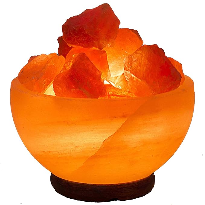 SRJ Himalayan Rock Salt Crystal Firebowl Shape or Bowl Shape, with Wood Base, Wire and Bulb, Rock Salt vastu Lamp