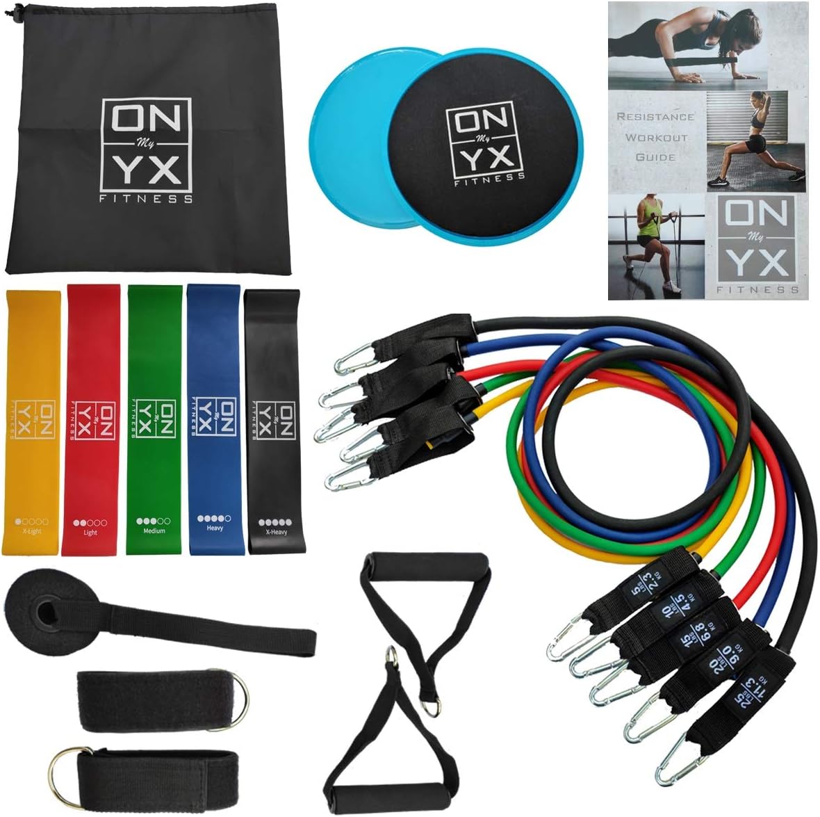 18pcs Resistance & Workout Set Includes: 5 Tube Fitness Exercise Bands | 5 Stretch Loop Bands | 2 Gliding discs | 2 Ankle Straps | 2 Foam Handles |Door Anchor & Workout Guide for Home Training Gym