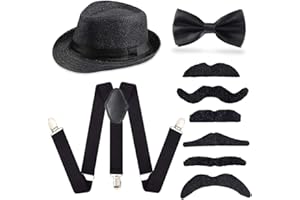 Beelittle 1920s Boys Old Man Costume 52cm Fedora Hat Suspenders Bow Tie Set Adjustable Y Back