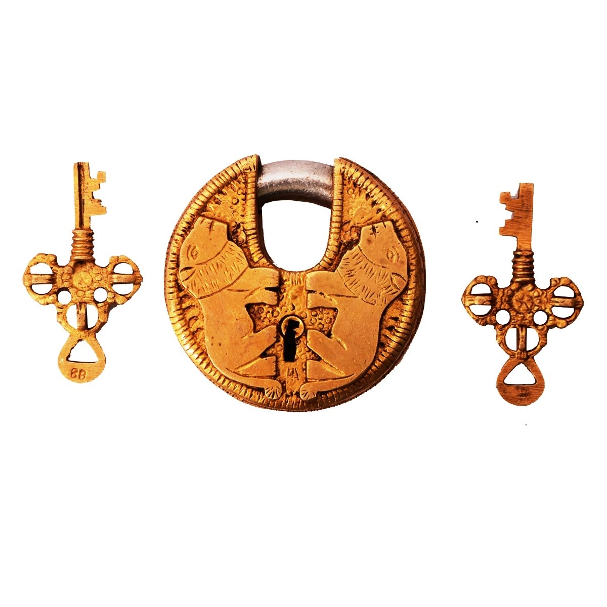 Purpledip Brass Lock Padlock with Lion: Round Antique Design; Unique Collectible (11275)