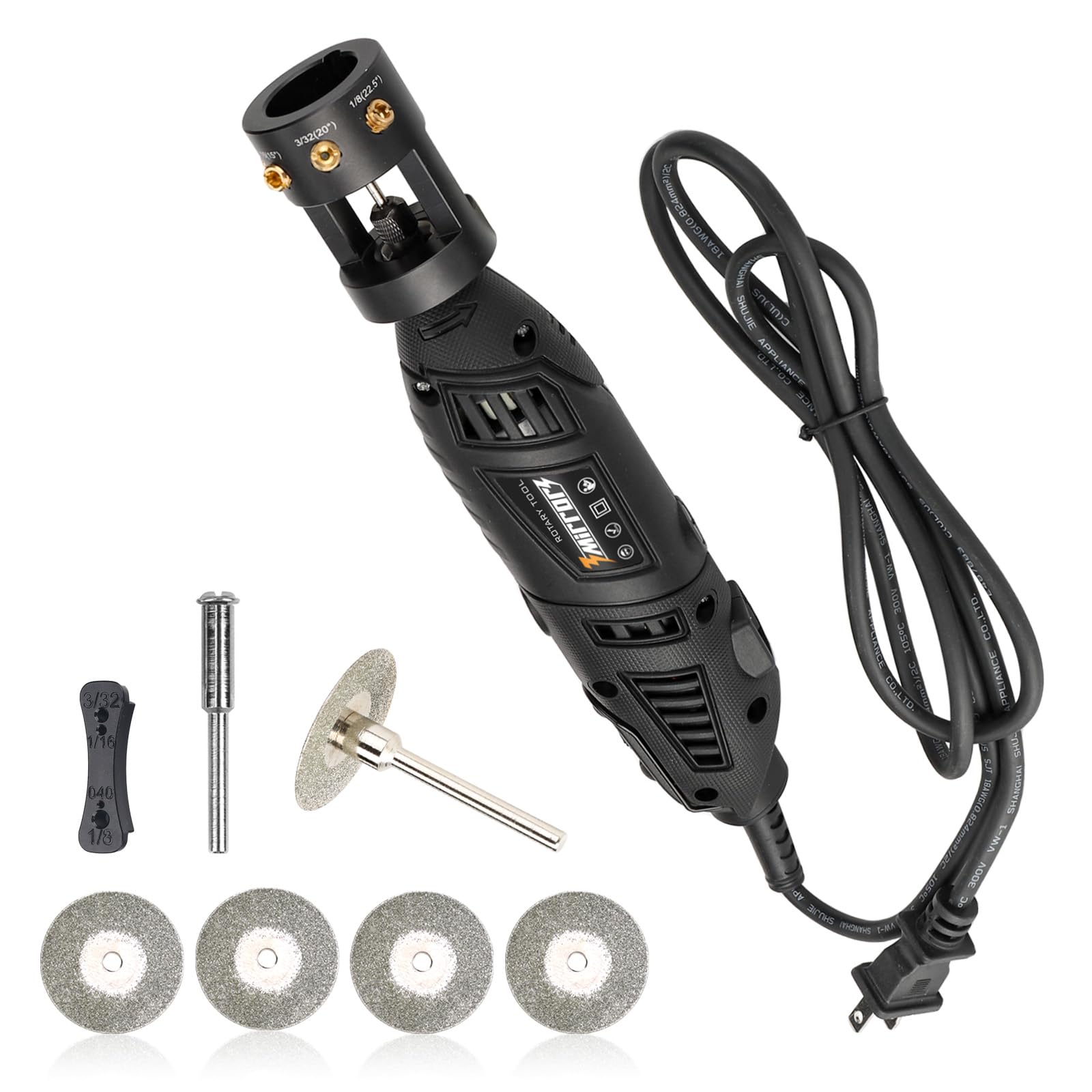 3mirrors Aluminum Tungsten Electrode Sharpener Grinder TIG Welding Rotary Tool w/Flat Grinding Block, Cut-Off Slot, Multi-Angle & Offsets, 4 Screw Holes, 5 Double-Sided Grind Wheels, 2 CNC Mandrels