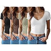 4 Pack Womens V Neck T-Shirts Short Sleeve Cotton Crop Tops Slim Fit Summer Basic Tee