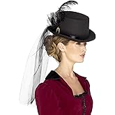 Smiffys Deluxe Ladies Victorian Top Hat Black Fancy Dress Hat with Veil Feathers and Brooch Historical Dress Up Accessory for Adults One Size with Elastic Inner Rim for Secure Comfortable Fit