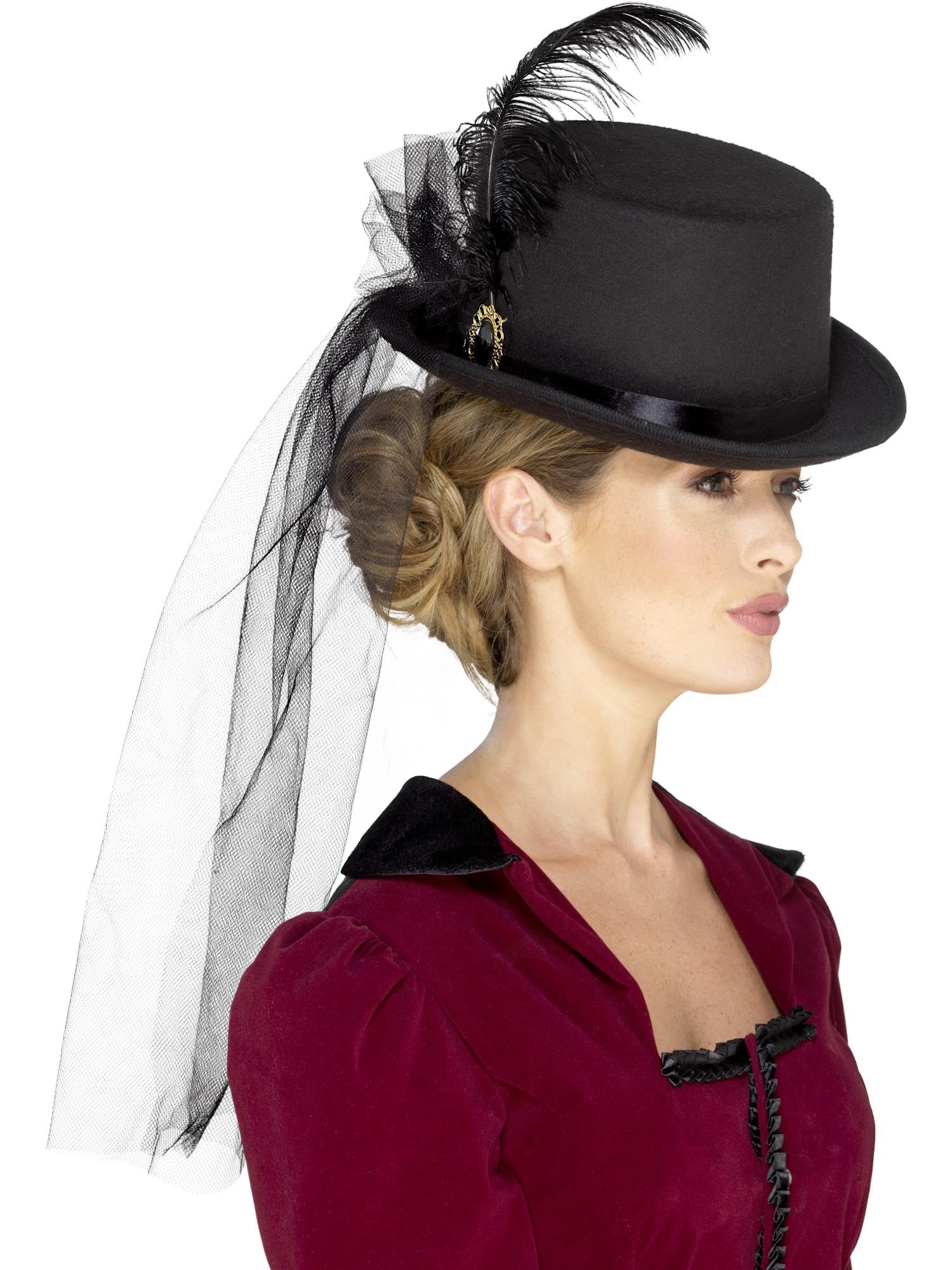 Smiffys Deluxe Ladies Victorian Top Hat Black Fancy Dress Hat with Veil Feathers and Brooch Historical Dress Up Accessory for Adults One Size with Elastic Inner Rim for Secure Comfortable Fit