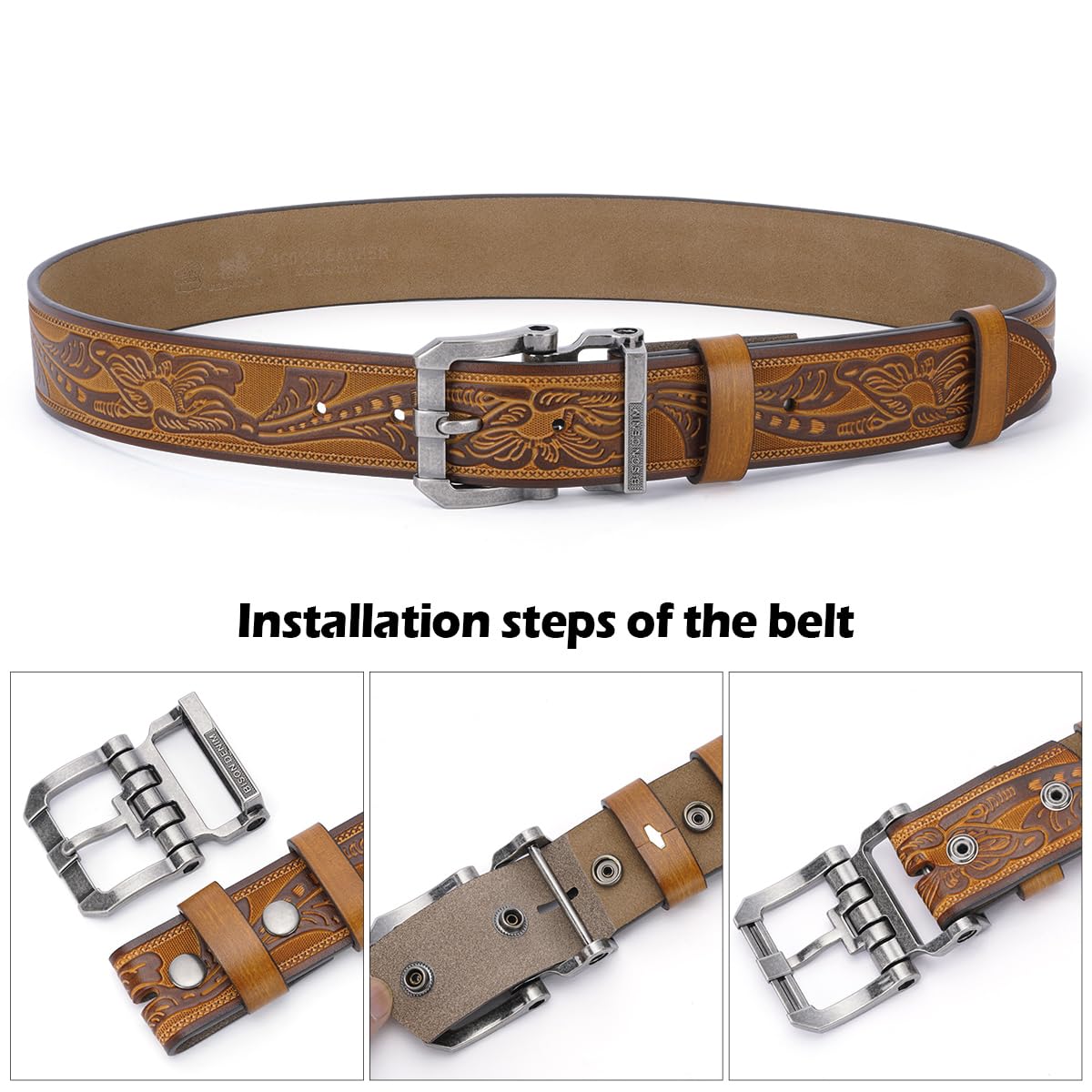 BISON DENIM Herrengürtel Leder Kleid Echtes Leder Classic Heavy Duty Schnalle Gürtel Casual für Jeans 6