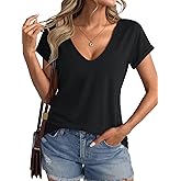 Micticsi Womens Deep V Neck Short Sleeve T Shirts Casual Loose Fit Shirt Sexy Summer Tops Folded Sleeves Basic Tee 2025