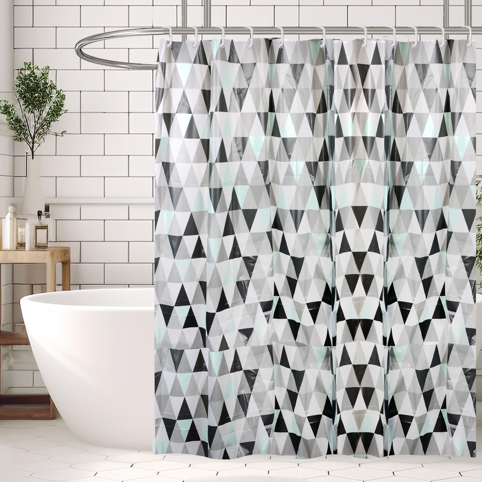 Minicoco Shower Curtains Mould Proof Resistant EVA Washable Shower Curtain Anti-Mould Waterproof Shower Curtains with 12 Hooks for Wet Room, Bathroom, 180 x 180 cm (Triangular Diamond) — image 1