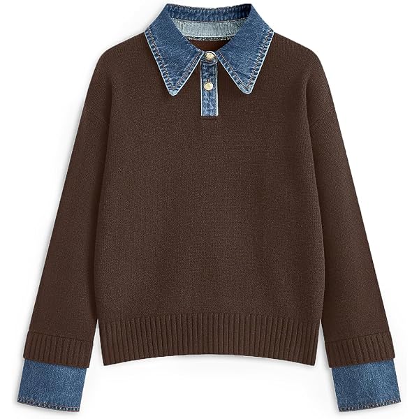 Happlan Cardigan Donna In Denim Patchwork - Giacca A Maglia Con Collo A Polo, Maniche Lunghe, Taglia USA