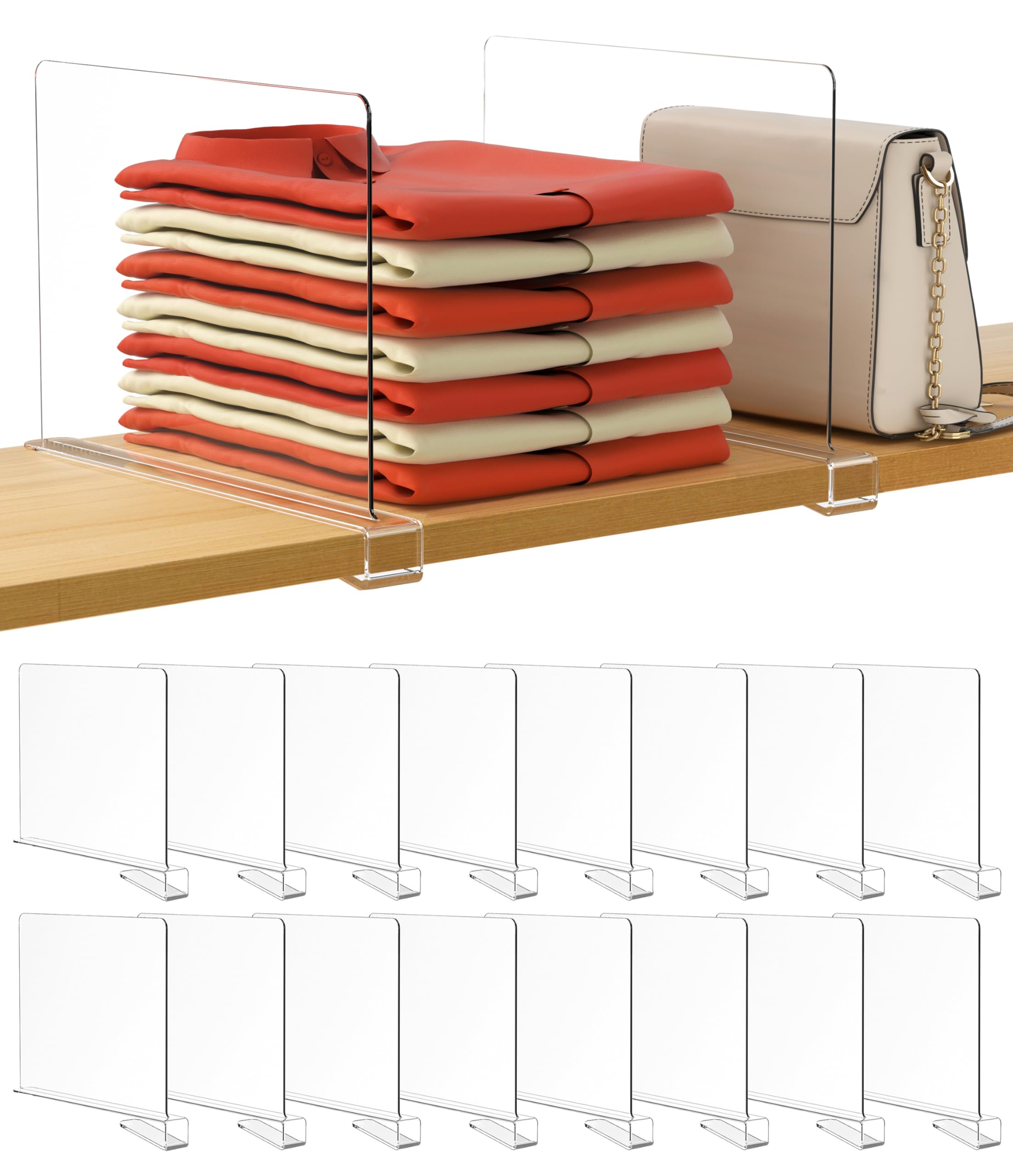 Photo 1 of HBlife 16 Pack Clear Shelf Dividers, Vertical Purse Organizer for Closet Perfect for Sweater, Shirts, Handbags in Bedroom and Kitchen, Adjustable Acrylic Bookshelf for Organization