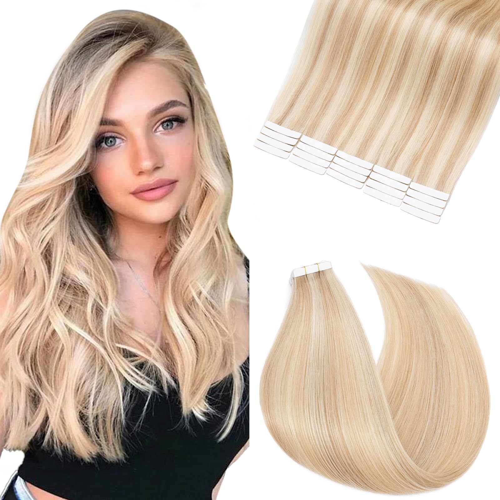 Elailite Tape in Hair Extensions Real Human Hair 20 Pcs - Seamless Skin Weft Remy Natural Hair Extension Straight - #18/613 Ash Blonde Mix Bleach Blonde - 12 Inch (30 g)