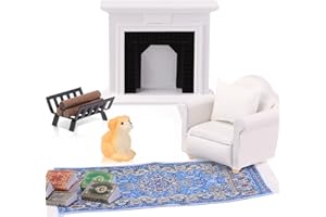 Blueweenly 11 Pcs Dollhouse Miniature Furnitures 1/12 Scale Include Dollhouse Fireplace with Firewood, 5 Mini Book, Miniature Sofa, Dollhouse Rug and Dog for Kids Girl Adult Doll House Furniture Decor