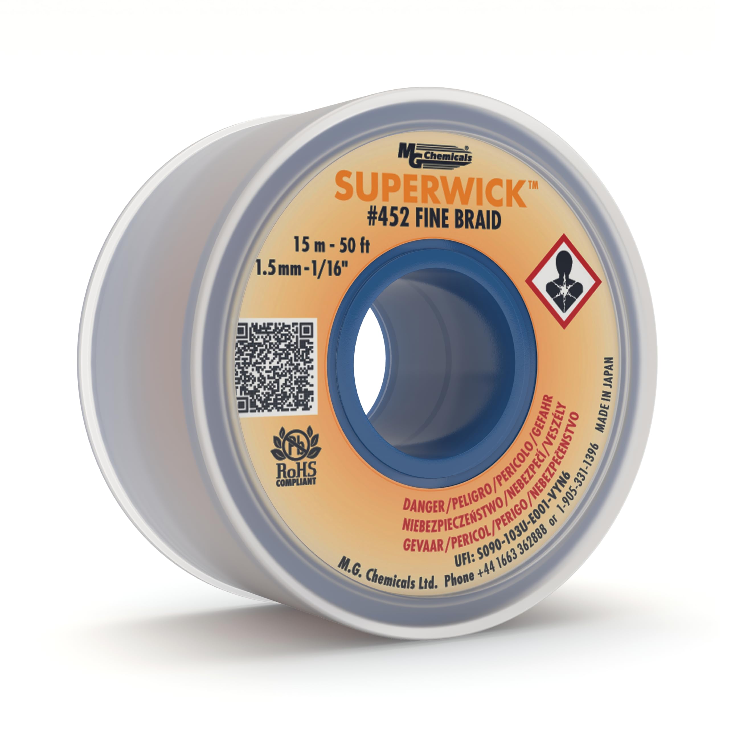 MG Chemicals Desoldering Braid #2 Fine Braid Super Wick with RMA Flux, 50' Length x 0.05" Width, Yellow