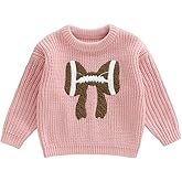 Karuedoo Infant Toddler Baby Girl Football Clothes Football Bow Embroidery Knit Sweater Long Sleeve Knitted Pullover Tops