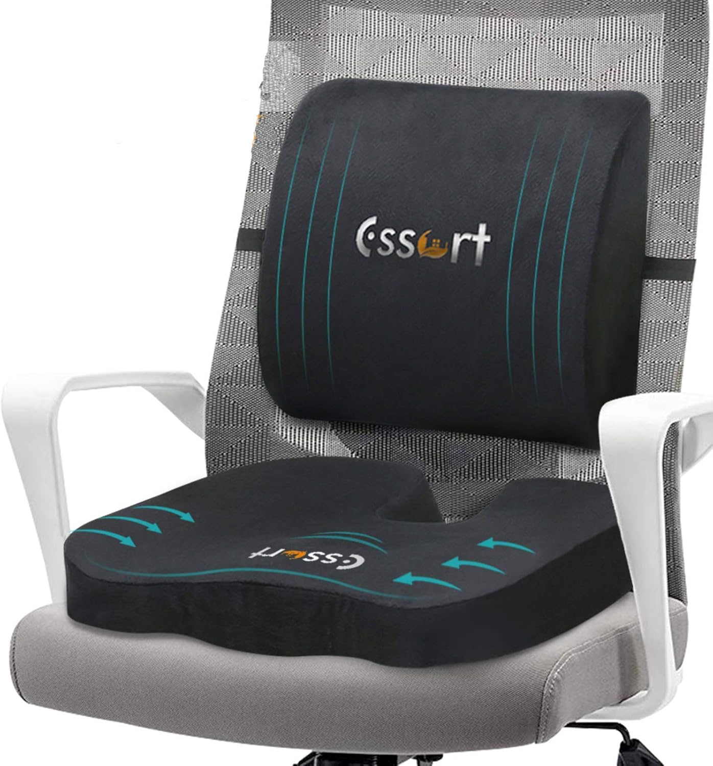 ESSORT Memory Foam Back and Seat Cushions Combo, Orthopedic Coccyx Chair and Lumbar Pillow, Boxed Pad and Back Support for Office Chair, Car, Wheelchair, Relieves Tailbone Pain, Sciatica & Back Pain: Office Products