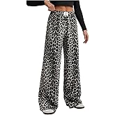 RoseSeek Women's Leopard Print Wide Leg Pants Patched Elastic Waist Casual Loose Trousers