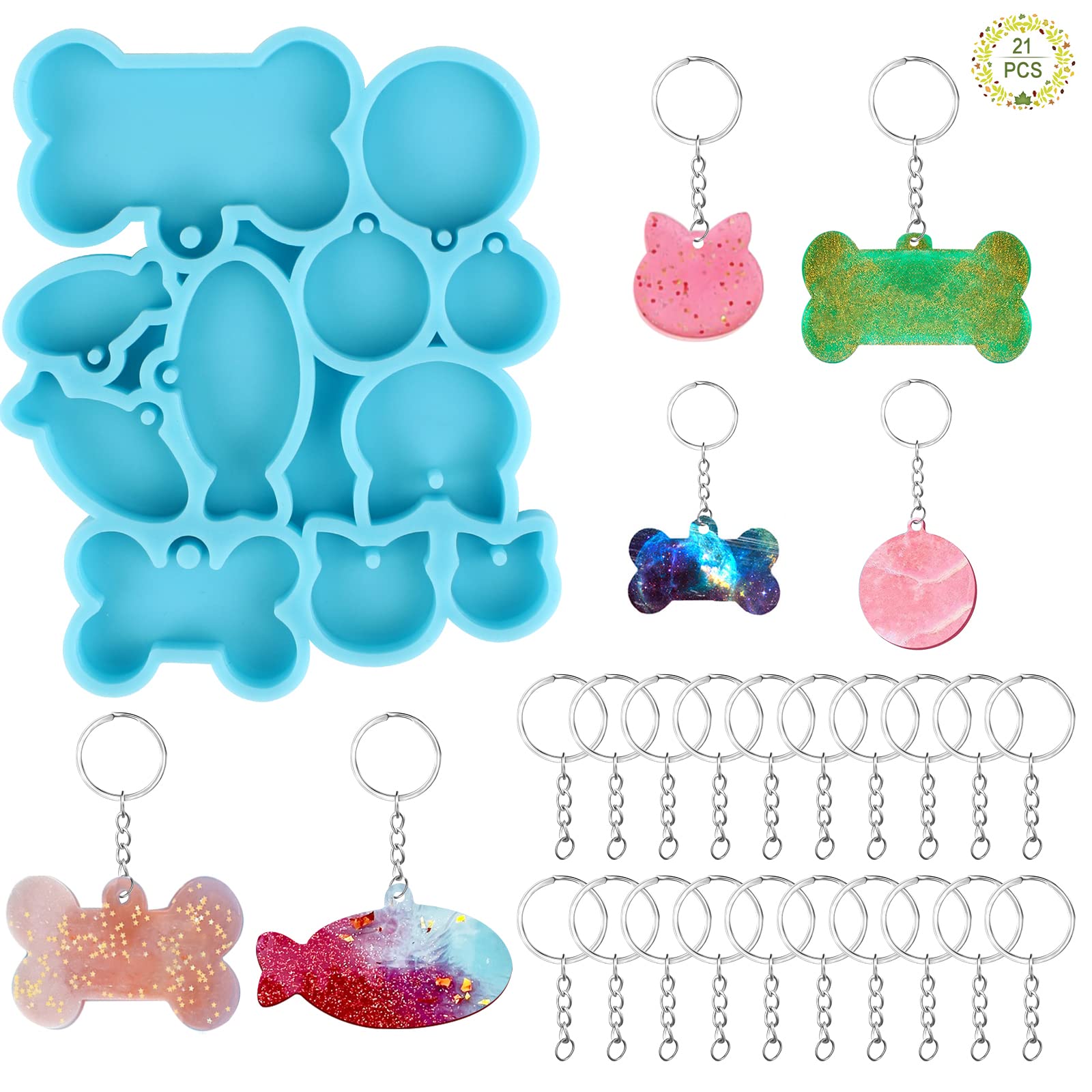 Bubuyun 21Pcs Blue Pet Paw Shape Handmade Keychain Silicone Mold, Pet Tag Resin Moulds for DIY Crafts & 20 Pieces Silver Keyring for DIY Craft Making, Collar Decoration, Pendant