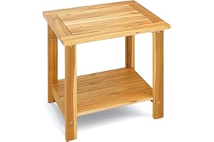 DPWOODON 2-Tier Adirondack Outdoor Side Table, 16.6" Acacia Weather-Resistant End Table with Shelf for Patio, Garden, Lawn, Living Room (Natural)