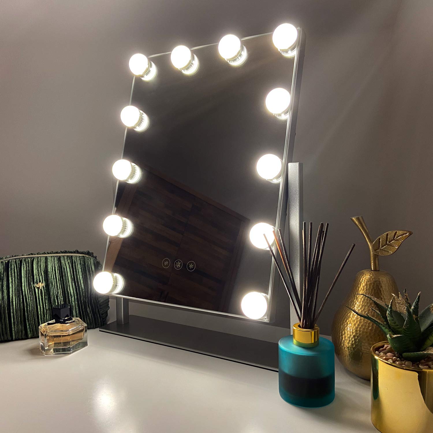 Glamour Mirrors® Roxy Silver LED Hollywood Mirror | Day to Night Colour Change | Dimmable Lights | Tabletop Vanity Mirror | 30cm x 41cm