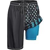 Mens Swim Trunks with Compression Liner 9" Built-in Board Shorts 2 in 1 Quick Dry Bathing Suits with Zipper Pockets