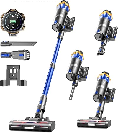 Akku Staubsauger 45000Pa/550W/65Min, 1,6L Staubsauger Kabellos mit Display, Anti-Tangle-Bürste, Selbststehend, Wandladestation, 8-Schicht-Filtration, Ultraleise, für Tierhaare/Teppiche/Hartböden/Auto