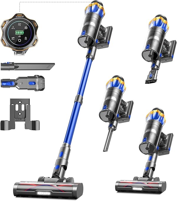 Akku Staubsauger 45000Pa/550W/65Min, 1,6L Staubsauger Kabellos mit Display, Anti-Tangle-Bürste, Selbststehend, Wandladestation, 8-Schicht-Filtration, Ultraleise, für Tierhaare/Teppiche/Hartböden/Auto
