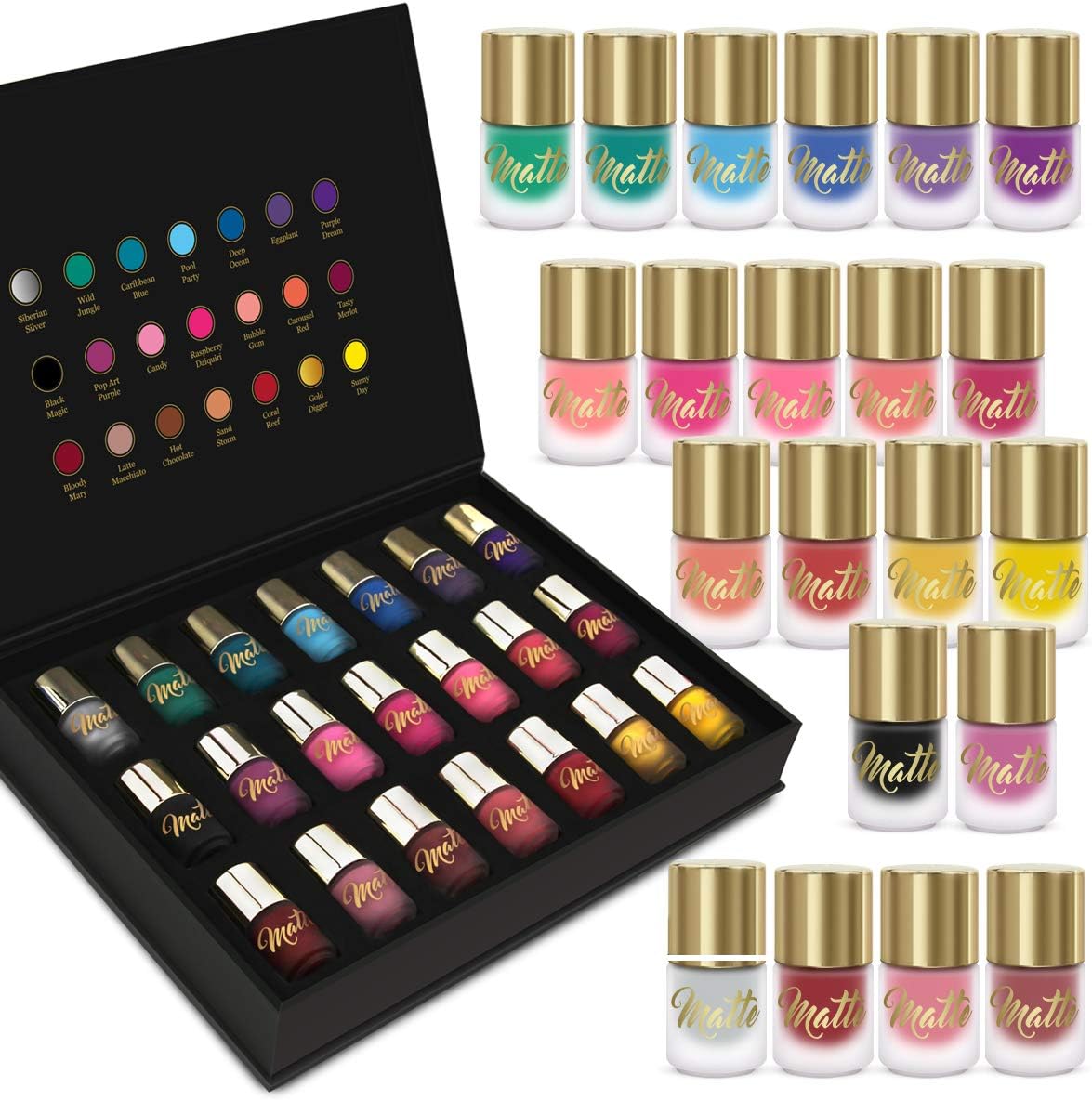 Matte Nail Polish Set, 18 Shades in a Luxury Black and Gold Box with Magnetic Closure