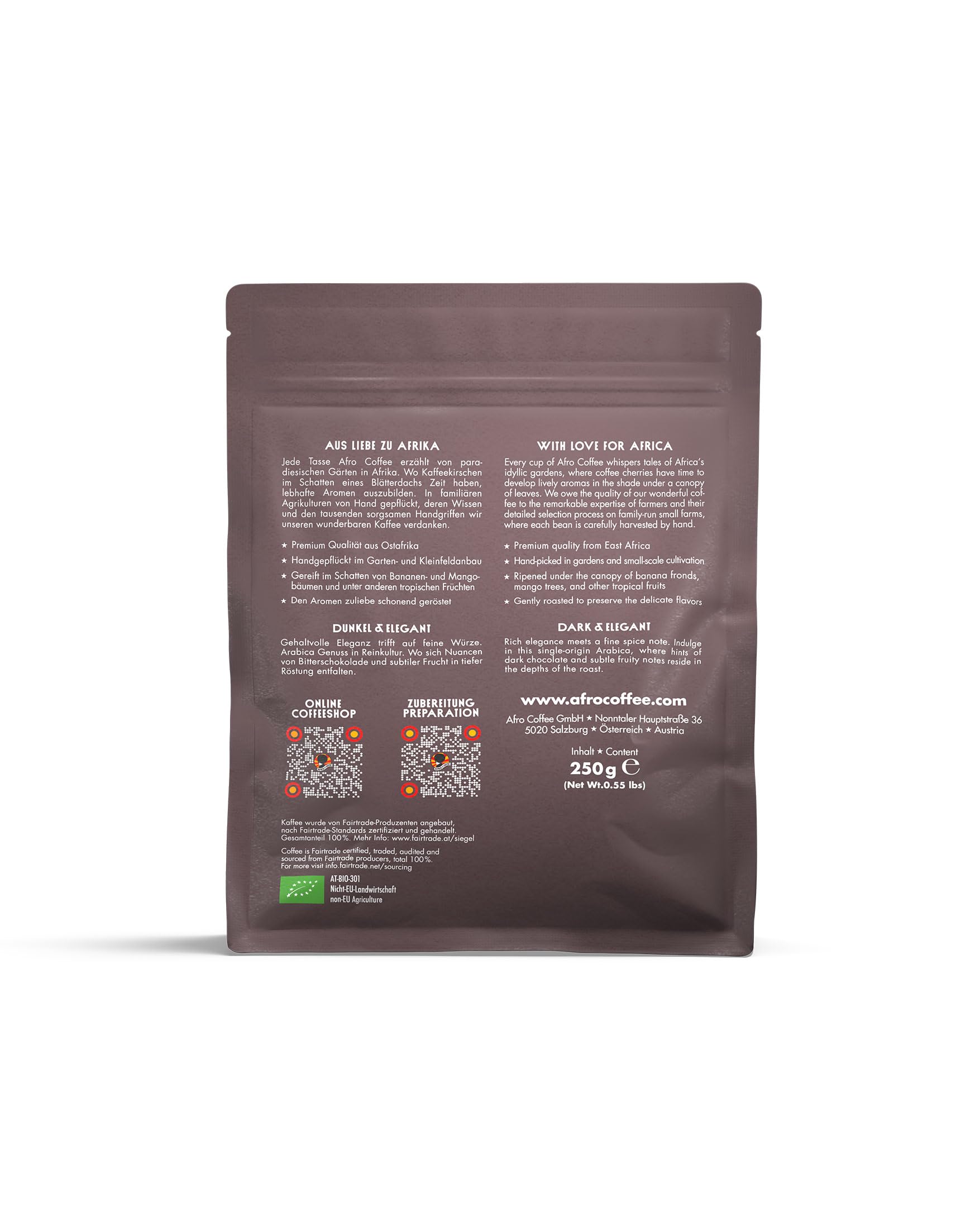 AFRO COFFEE Dark & Elegant I 250g Premium Bio Kaffeepulver Fairtrade I 100% Arabica Kaffee gemahlen I Kaffee aus Äthiopien mit Noten von Bitterschokolade I handgepflückt, dunkel geröstet, säurearm 8