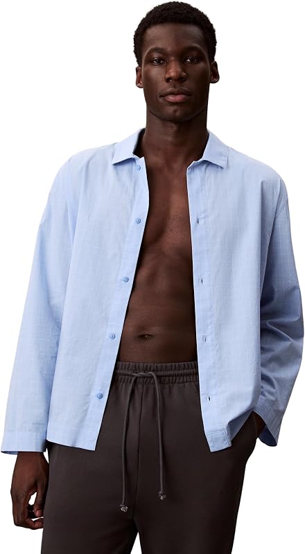 Herren Hemd Button Down Pyjama-Top, Blau (19473 Plotter Plaid+Frozen Fjord), L