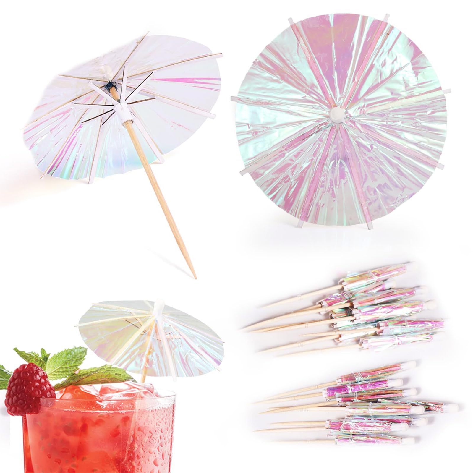 50pcs Cocktail Umbrellas, Fluorescent Drink Toppers, Parasol Picks for Drinks, Appetizers, Party Decorations - Wood & Paper, 10cm